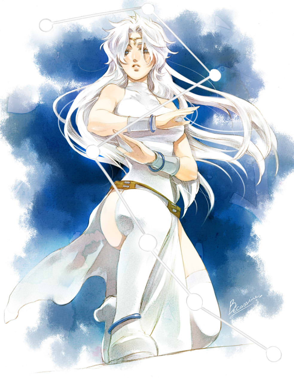 anklet, becassine, big_dipper, blue_eyes, boots, bracelet, female, genderswap, headband, high_heel_boots, high_heels, highres, hokuto_no_ken, jewelry, kneeling, loincloth, long_hair, signature, solo, thigh-highs, toki_(hokuto_no_ken), white_hair, wrist_cuffs