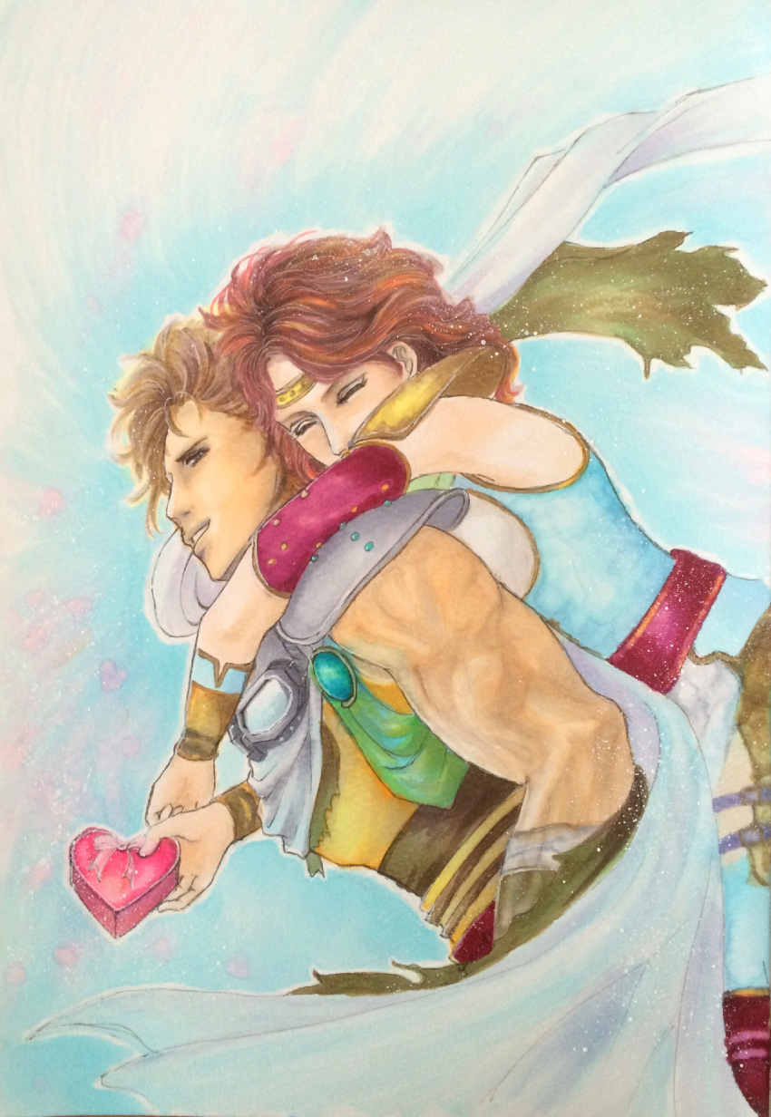 1boy, 1girl, arm_warmers, bat_(hokuto_no_ken), brown_hair, closed_eyes, faux_traditional_media, goggles, goggles_around_neck, headband, highres, hokuto_no_ken, lynn, raruma, redhead, scarf, shoulder_pads, valentine, wristband