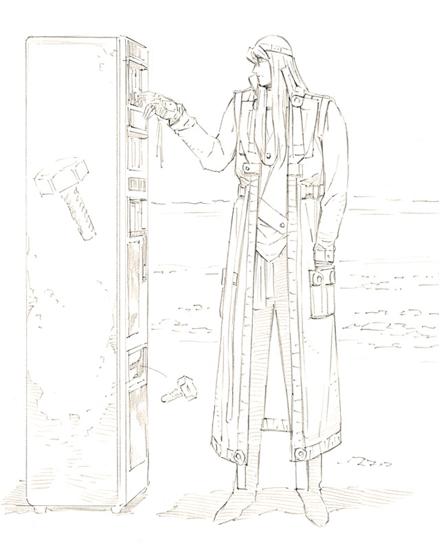 1boy, bolt_crank, eat-man, long_hair, male_focus, monochrome, sketch, solo, traditional_media, trench_coat, vending_machine, yoshitomi_akihito
