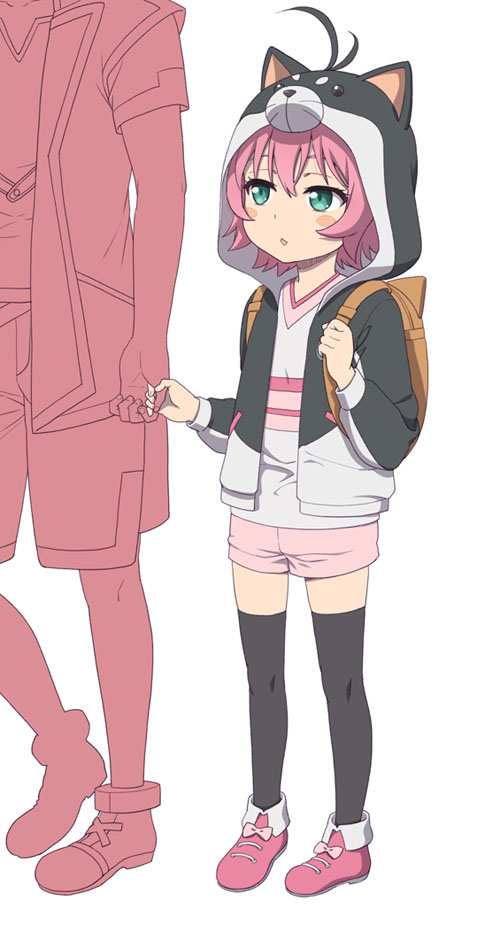 1girl, backpack, bag, battle_spirits:_burning_soul, black_legwear, blush_stickers, green_eyes, holding_hands