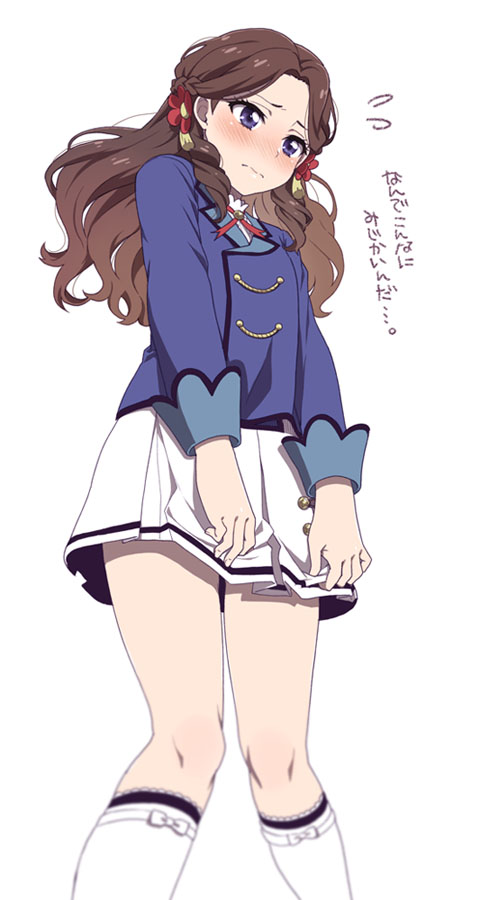 1girl, 3:, aikatsu!, blush, braid, brown_hair, covering, covering_crotch