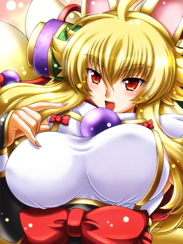 1girl, ahoge, animal_ears, blonde_hair, blush, bow, breasts, fang