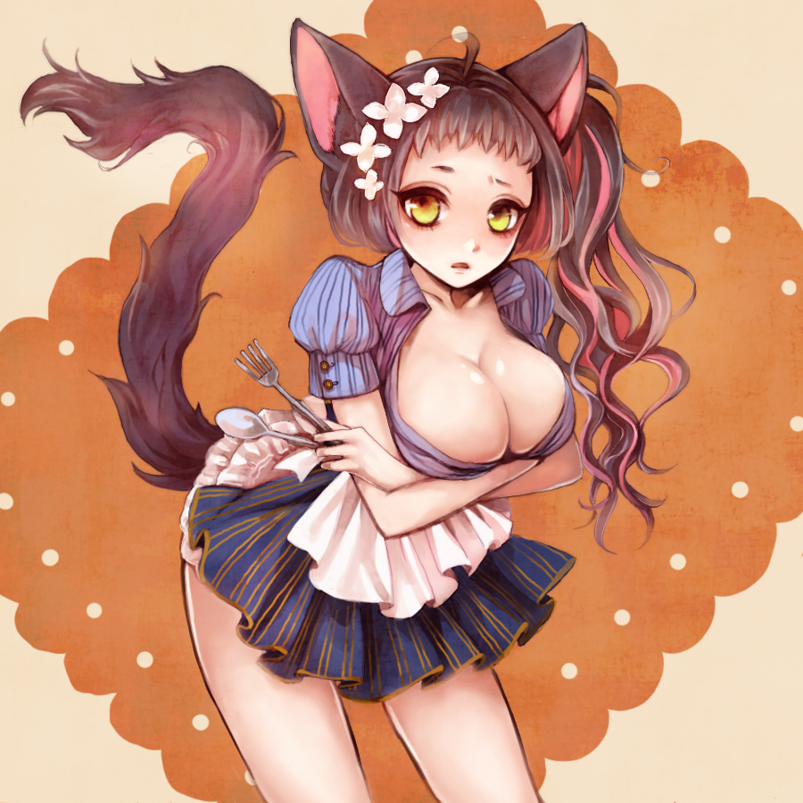 1girl, animal_ears, arched_back, bangs, breast_hold, breasts, brown_hair, cat