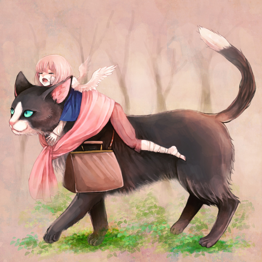 1girl, aqua_eyes, bag, bandaged_leg, cat, clona, closed_eyes, commentary_request