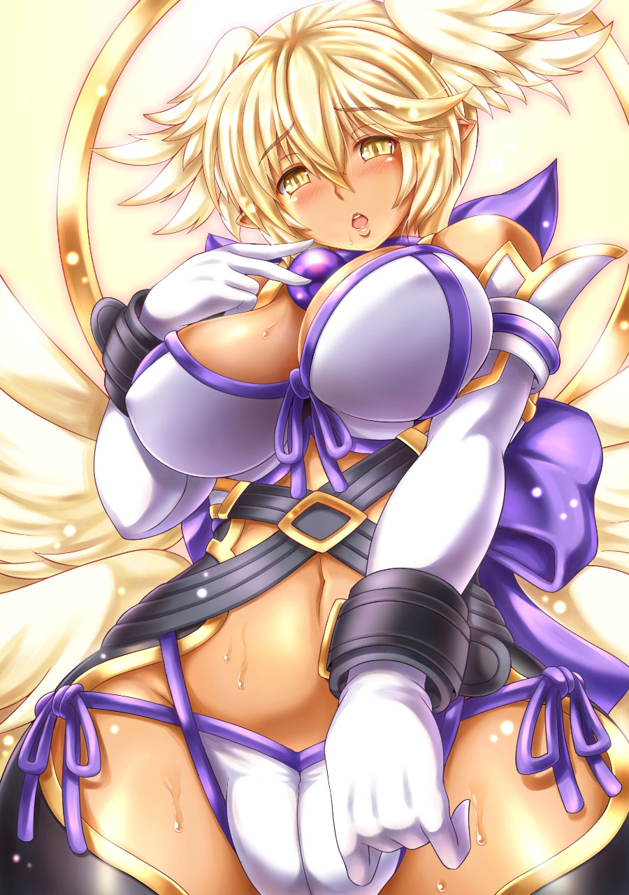 1girl, :o, bare_shoulders, blonde_hair, breast_press, breasts, cleavage, dark_skin