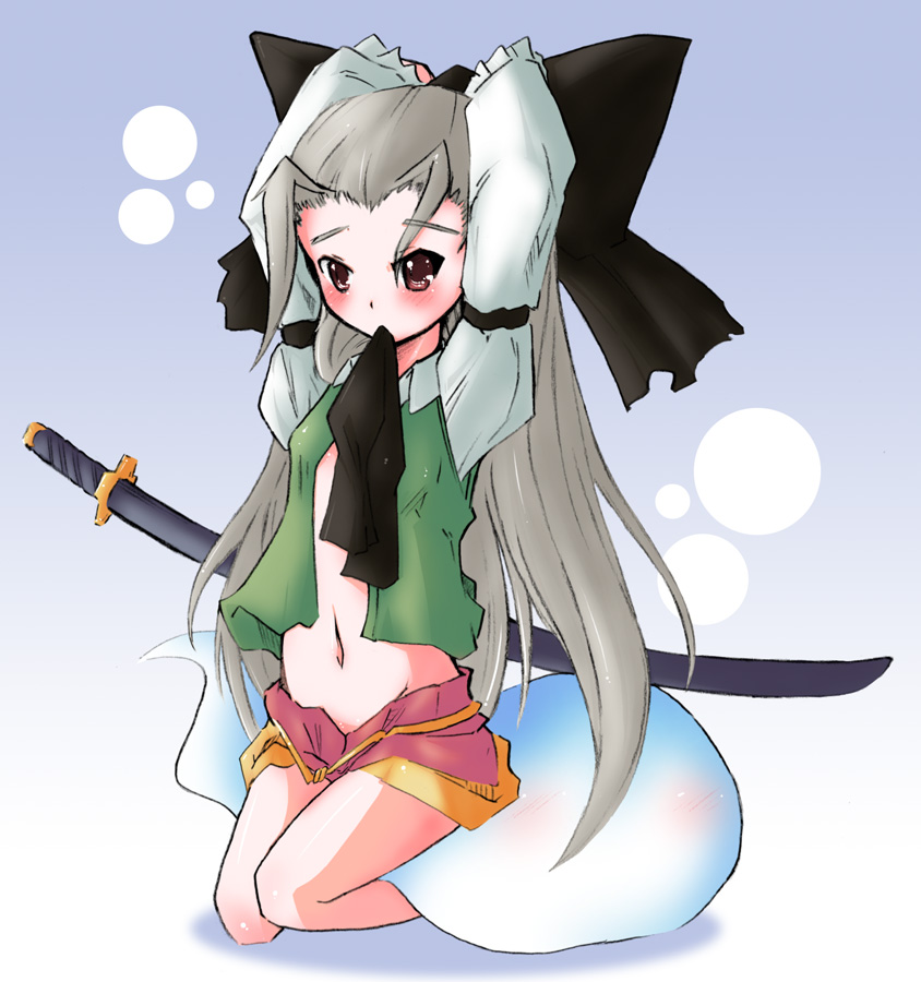 bow, genderswap, ghost, hair_bow, katana, kneeling, konpaku_youki, long_hair, midriff, mouth_hold, nakuru, navel, open_clothes, open_shirt, red_eyes, shirt, silver_hair, sword, touhou, weapon
