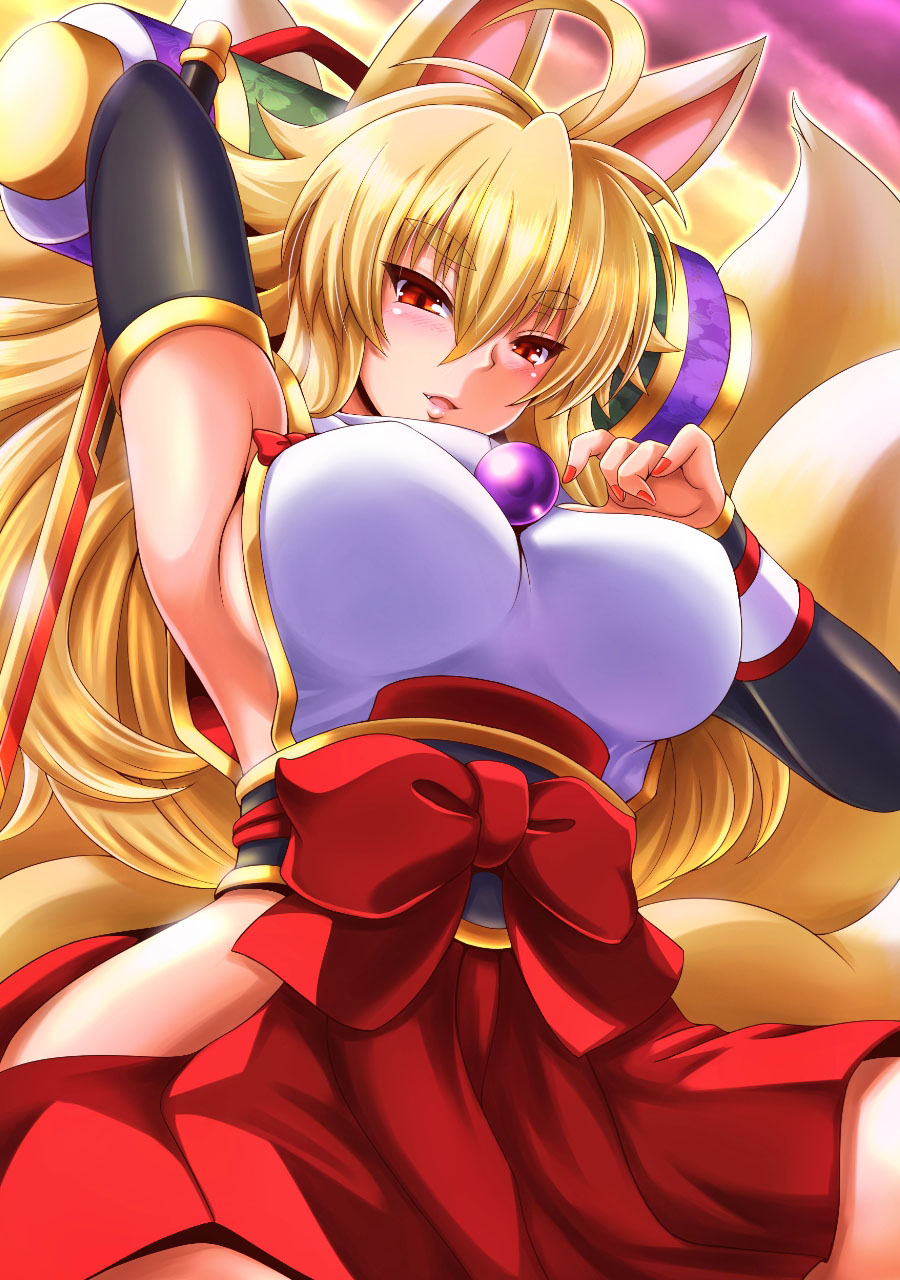 1girl, ahoge, animal_ears, arm_up, armpits, blonde_hair, blush, breasts
