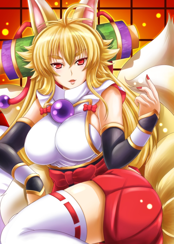 1girl, ahoge, animal_ears, beckoning, blonde_hair, breasts, detached_sleeves, fox_ears