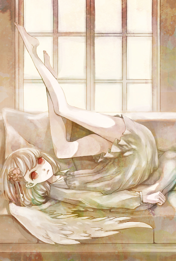 1girl, bare_legs, barefoot, clona, commentary_request, feathered_wings, folded, hair_ornament