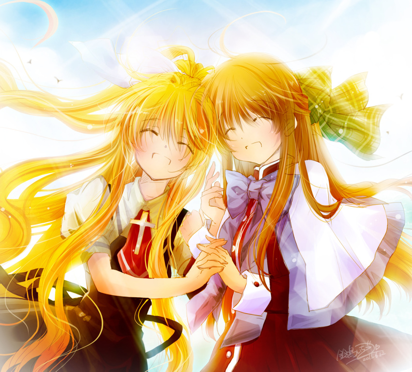 2girls, air, blonde_hair, brown_hair, closed_eyes, company_connection, crossover, hair_ribbon