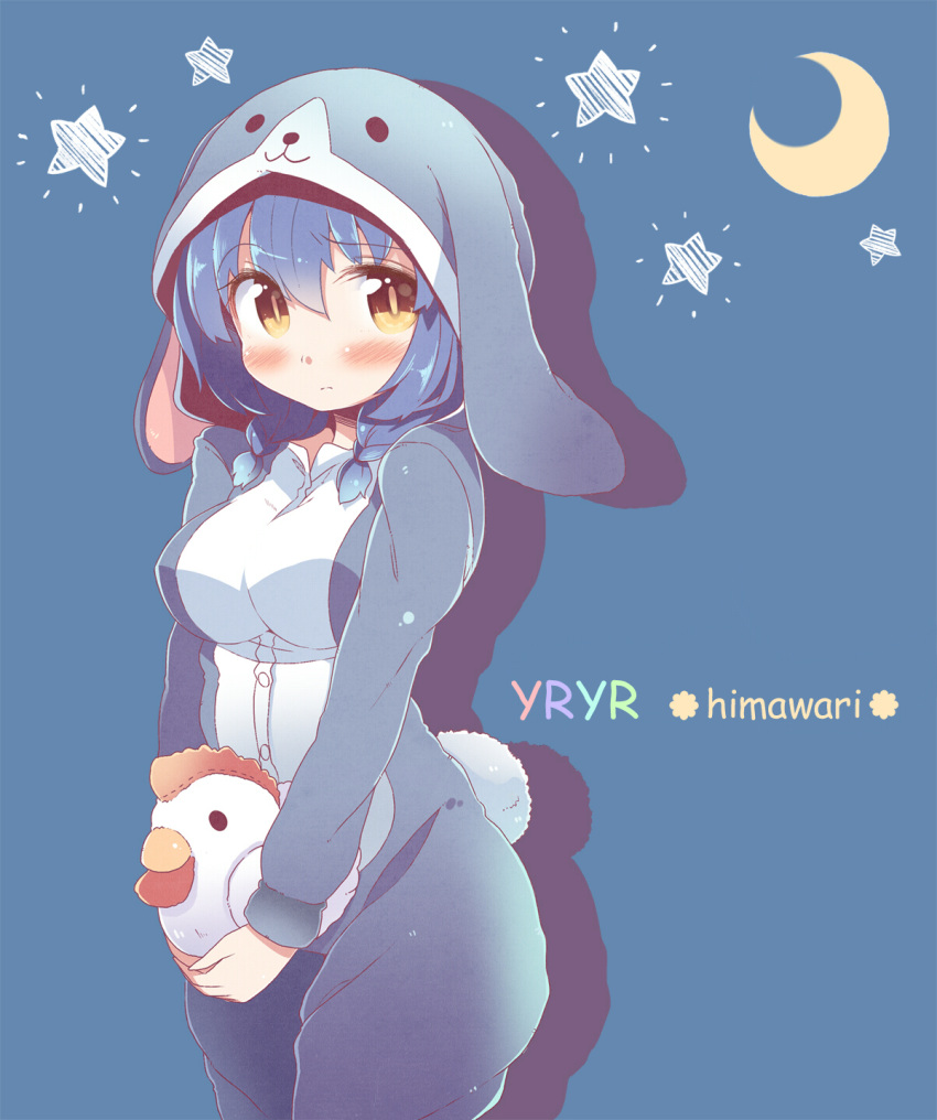 1girl, animal_costume, animal_hat, bird, blue_hair, blush, braid, breasts, bunny_hat, bunny_tail, chicken, commentary_request, crescent_hair_ornament, furutani_himawari, hair_ornament, happy_birthday, hat, highres, large_breasts, long_hair, long_sleeves, moon, pajamas, short_hair, solo, star, stuffed_animal, stuffed_toy, tail, takahero, twin_braids, yellow_eyes, yuru_yuri, yuru_yuri_nachuyachumi!