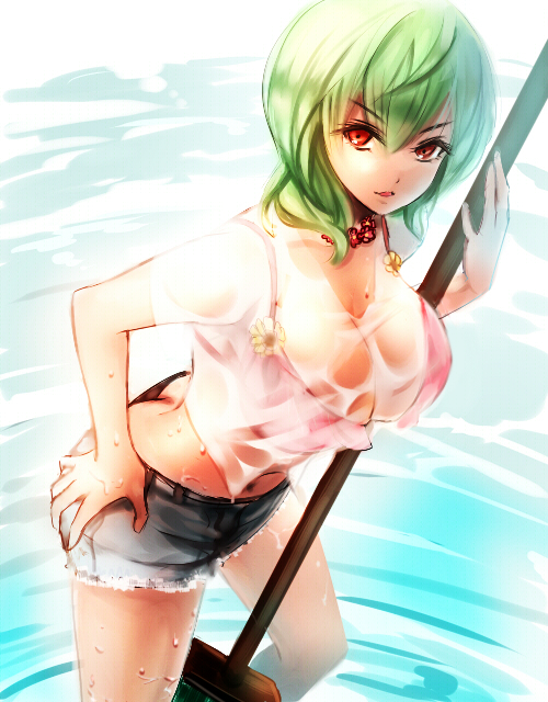 1girl, bra, breasts, broom, butt_crack, crop_top, flower, flower_necklace