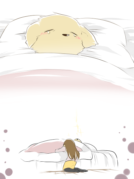 1boy, 1girl, blanket, brown_hair, dog, long_hair, original, shishiko_(dlion0000)