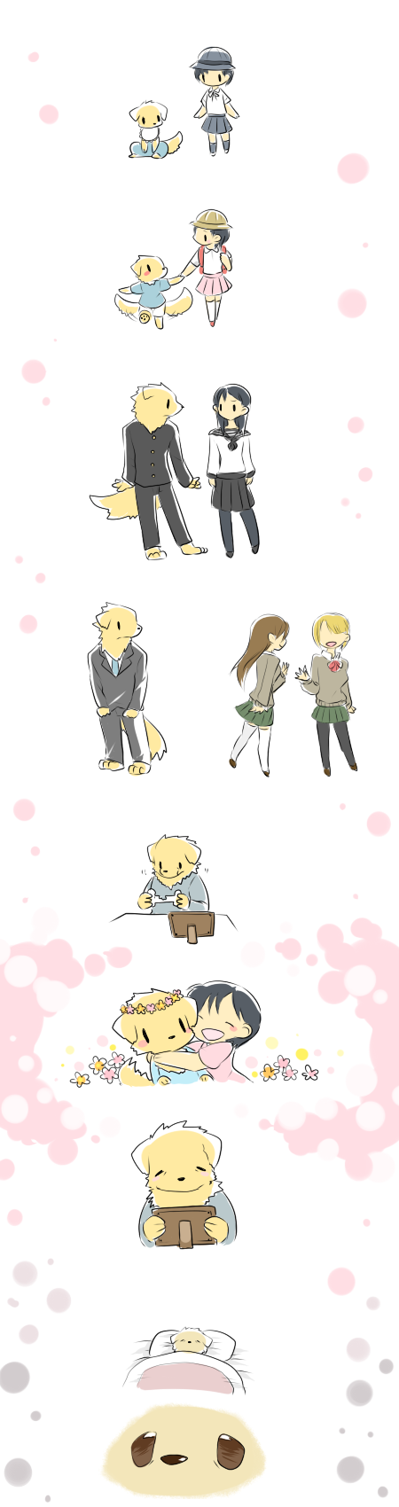 1boy, 2girls, age_regression, black_hair, blonde_hair, brown_hair, dog, furry