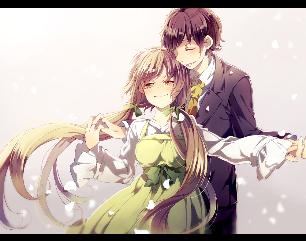 1boy, 1girl, brown_hair, closed_eyes, couple, dress, hetero, long_hair