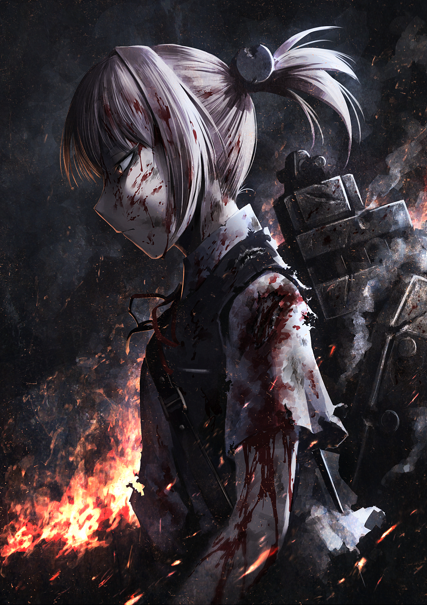 1girl, blood, blue_eyes, fire, hetza_(hellshock), highres, injury, kantai_collection