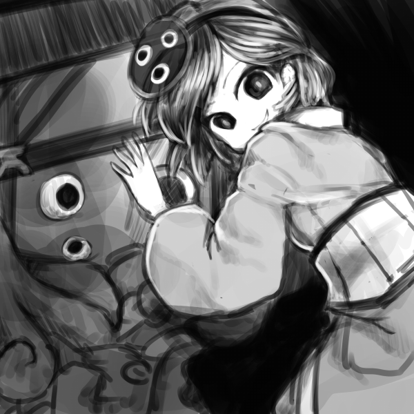 androgynous, anmita_(rarutos), empty_eyes, evil_smile, extra_eyes, hair_ornament, japanese_clothes, kimono