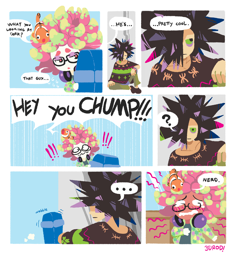 !!, ..., 1boy, 1girl, 3d_rod!, ?, anemo_(splatoon), animal, animal_print, artist_name, black-framed_glasses, blush, clownfish, comic, daunii_(splatoon), english, eyeshadow, fish, glasses, green_sclera, headphones, headphones_around_neck, hoodie, kumano_(splatoon), makeup, open_mouth, short_hair, splatoon, squid, tentacle_hair