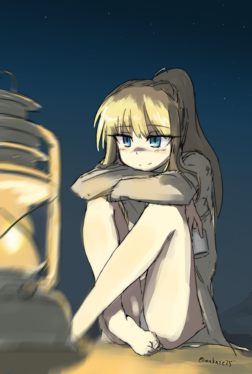 artist_name, blonde_hair, charlotte_lueder, cup, highres, holding_cup, lantern, light