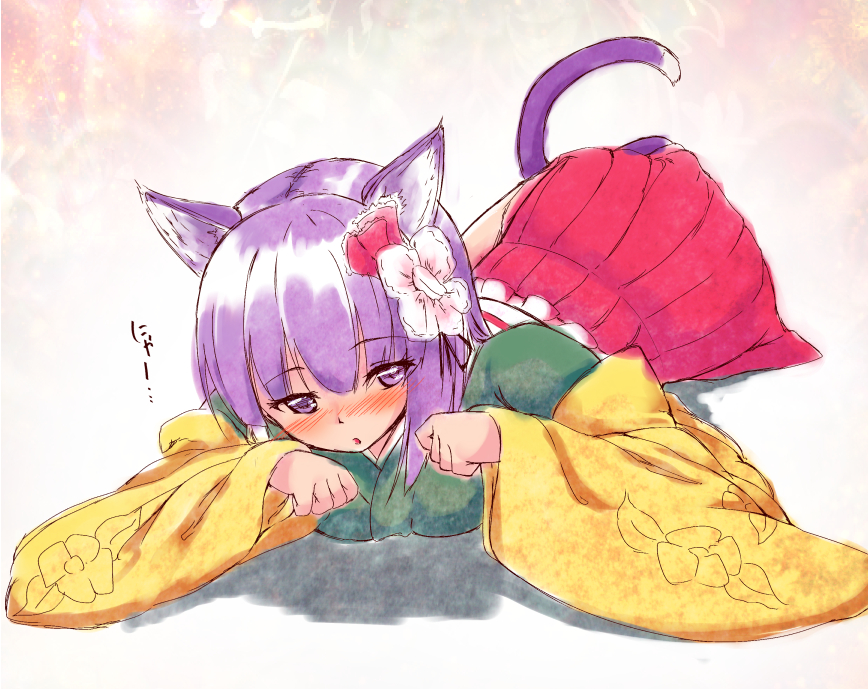 1girl, animal_ears, blush, cat_ears, cat_tail, flower, hair_flower, hair_ornament