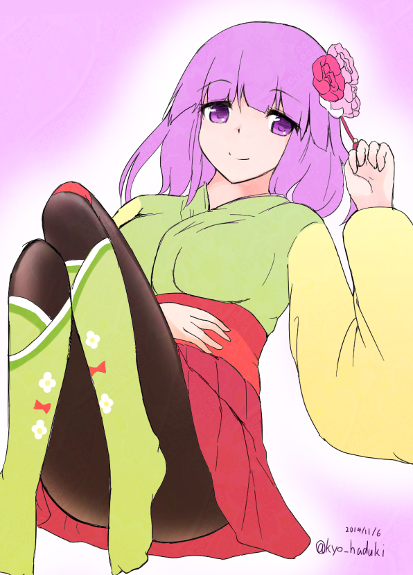 1girl, black_legwear, bow, hair_bow, hazuki_kyou, hieda_no_akyuu, japanese_clothes, kimono