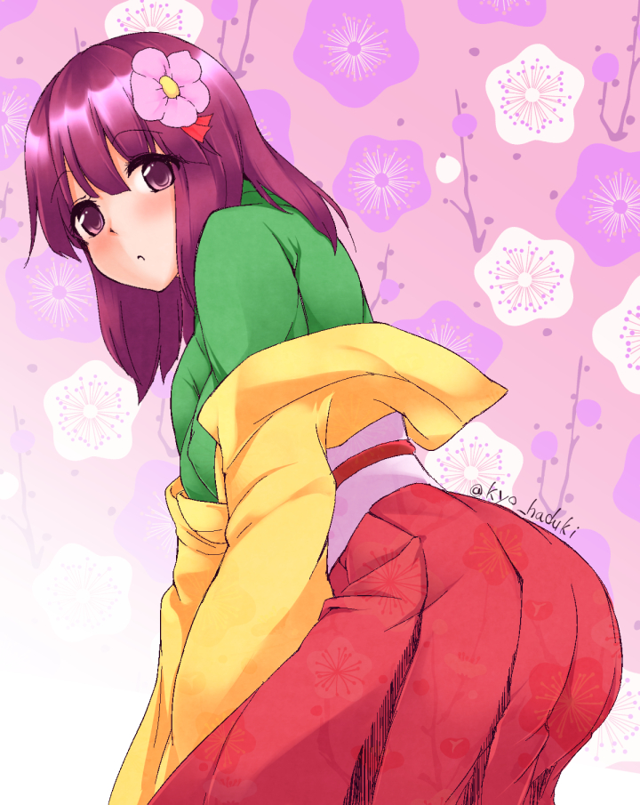 1girl, ass, flower, hair_flower, hair_ornament, hazuki_kyou, hieda_no_akyuu, japanese_clothes