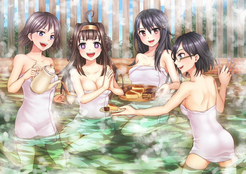 4girls, :d, ahoge, black_hair, blush, breasts, brown_eyes, brown_hair, cleavage, cup, double_bun, food, glasses, hairband, haruna_(kantai_collection), hiei_(kantai_collection), kantai_collection, kirishima_(kantai_collection), kongou_(kantai_collection), long_hair, looking_at_viewer, makina_(frog), multiple_girls, naked_towel, onsen, open_mouth, partially_submerged, plate, pouring, short_hair, smile, sparkling_eyes, steam, teacup, teapot, towel, tray, violet_eyes, water