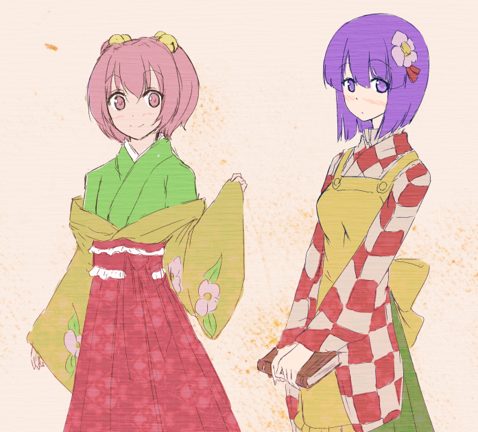 2girls, apron, bell, book, cosplay, costume_switch, hair_bell, hair_ornament, hieda_no_akyuu, hieda_no_akyuu_(cosplay), japanese_clothes, kimono, kionaisiteru, motoori_kosuzu, motoori_kosuzu_(cosplay), multiple_girls, purple_hair, red_eyes, redhead, touhou, twintails, violet_eyes