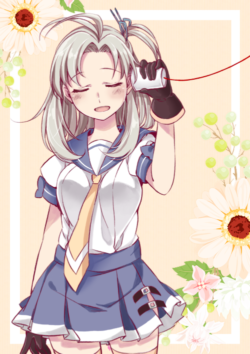 1girl, closed_eyes, flower, gloves, kantai_collection, kazuki_(kaduki_kan), kinugasa_(kantai_collection), long_hair