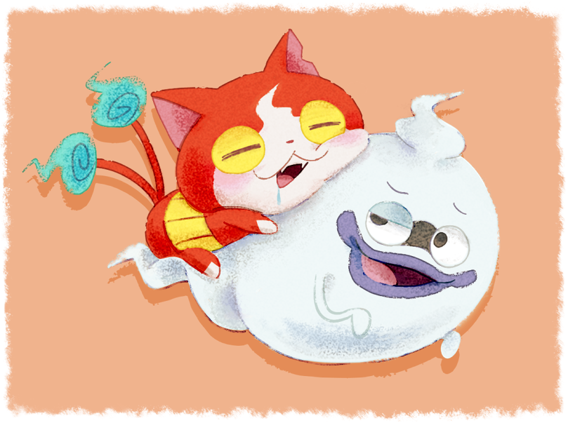 cat, closed_eyes, drooling, fangs, ghost, jibanyan, multiple_tails, no_humans