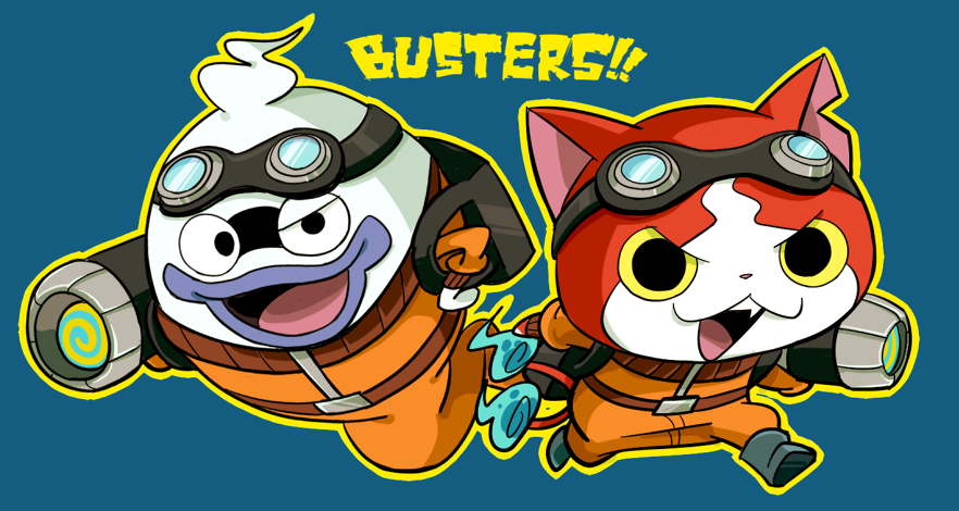 cat, ghost, ghostbusters, goggles, goggles_on_head, jibanyan, multiple_tails, no_humans