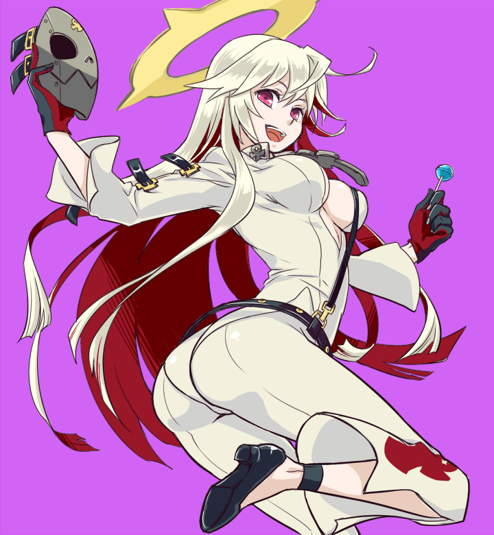 1girl, ass, breasts, candy, center_opening, gloves, guilty_gear, guilty_gear_xrd