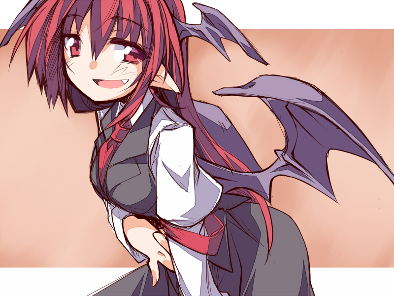 1girl, :d, armband, breasts, business_suit, collared_shirt, demon_wings, fang