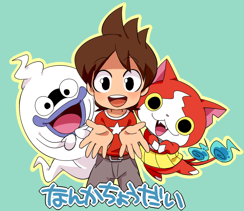 1boy, amano_keita, brown_hair, cat, fangs, ghost, jibanyan, looking_at_viewer, multiple_tails, notched_ear, open_mouth, purple_lips, sakiko_(gekiama), simple_background, tail, two_tails, whisper_(youkai_watch), youkai, youkai_taisou_dai-ni, youkai_watch