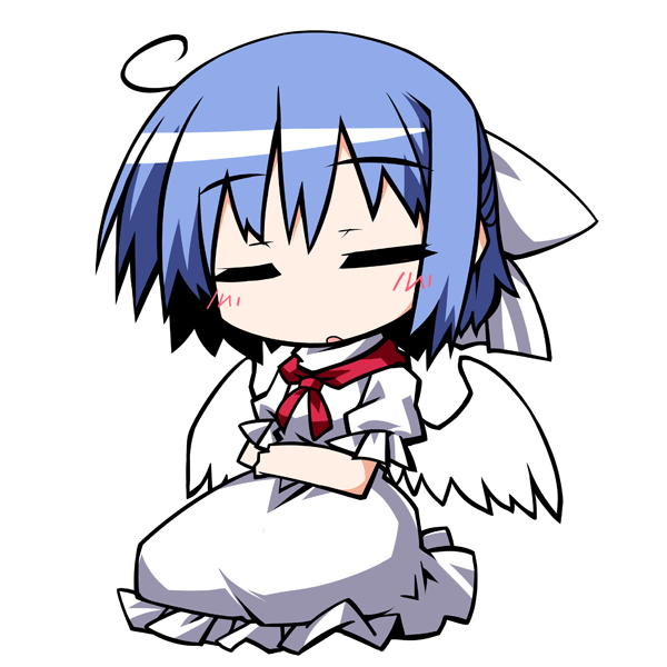 1girl, :o, ahoge, angel_wings, bandana, blue_hair, blush, chibi