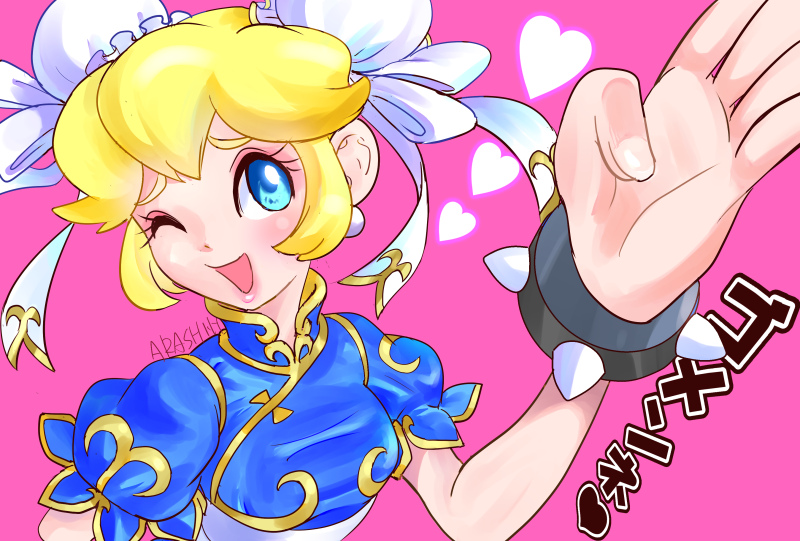 1girl, ;), blonde_hair, blue_eyes, bracelet, bun_cover, china_dress, chinese_clothes, chun-li, chun-li_(cosplay), cosplay, double_bun, earrings, heart, hououji_arashi, jewelry, one_eye_closed, princess_peach, salute, short_hair, smile, solo, spiked_bracelet, spikes, street_fighter, super_mario_bros., super_smash_bros.