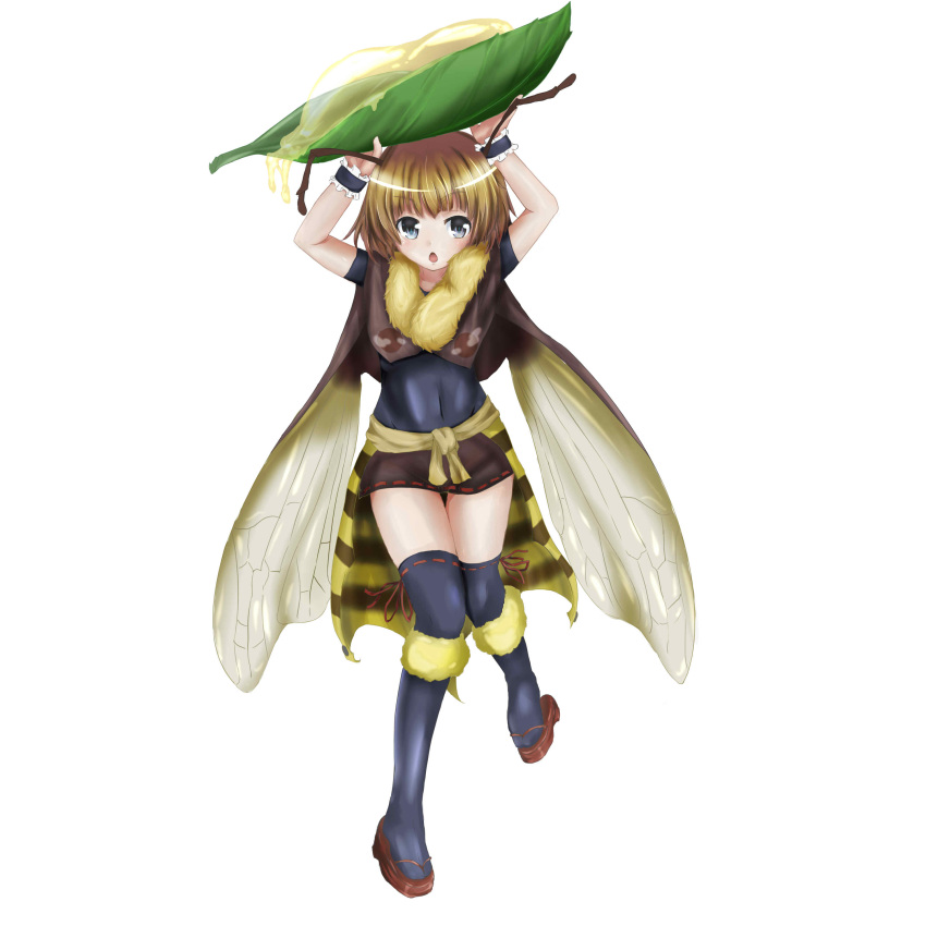 1girl, absurdres, antennae, bee_girl, biburu, blonde_hair, blouse, blue_eyes, blue_legwear, capelet, fur_trim, hands_above_head, highres, honey, insect_girl, insect_wings, layered_skirt, leaf, looking_at_viewer, microskirt, open_mouth, original, over-kneehighs, ribbon-trimmed_legwear, ribbon_trim, sandals, short_hair, short_sleeves, simple_background, skirt, solo, standing_on_one_leg, thigh-highs, white_background, wings, wrist_cuffs