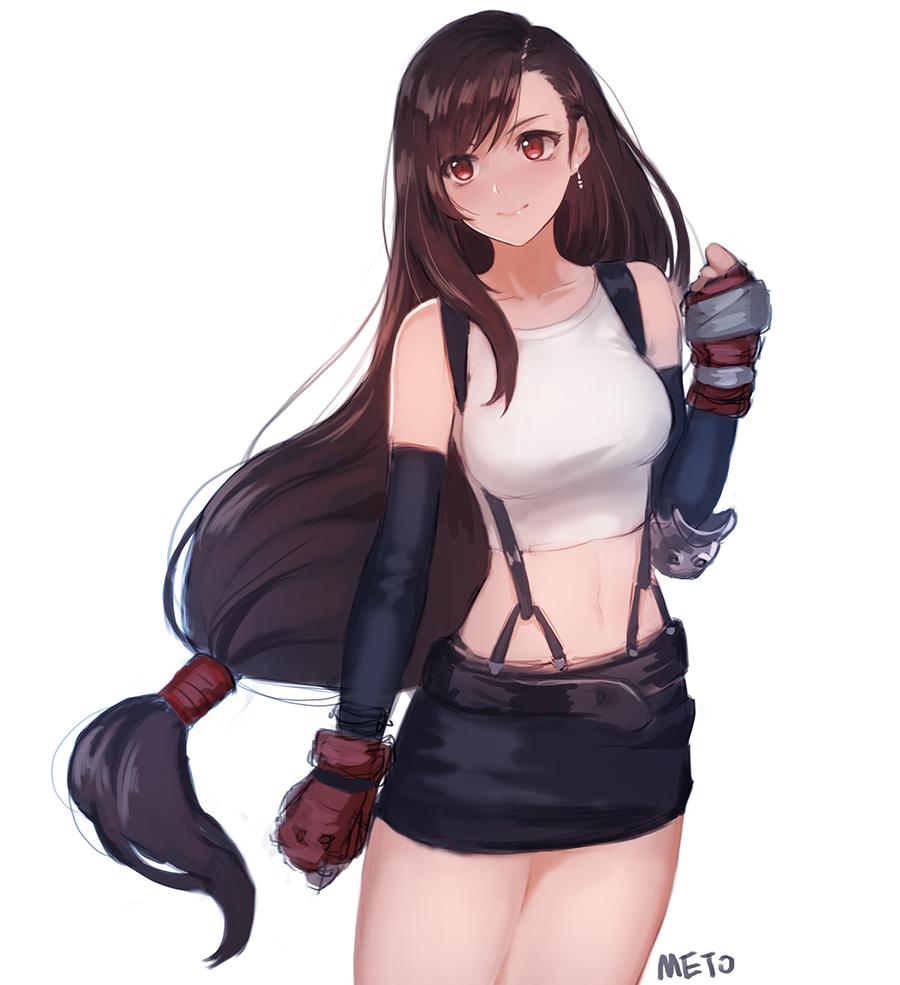 1girl, artist_name, brown_eyes, brown_hair, clenched_hands, earrings, final_fantasy, final_fantasy_vii, gloves, jewelry, long_hair, low-tied_long_hair, meto31, midriff, navel, pads, simple_background, skirt, smile, solo, suspenders, tifa_lockhart, white_background