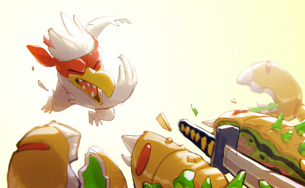 bird, blindfold, blurry, chicken, chicken_(nuclear_throne), depth_of_field, golden_scorpion_(nuclear_throne), justin_chan