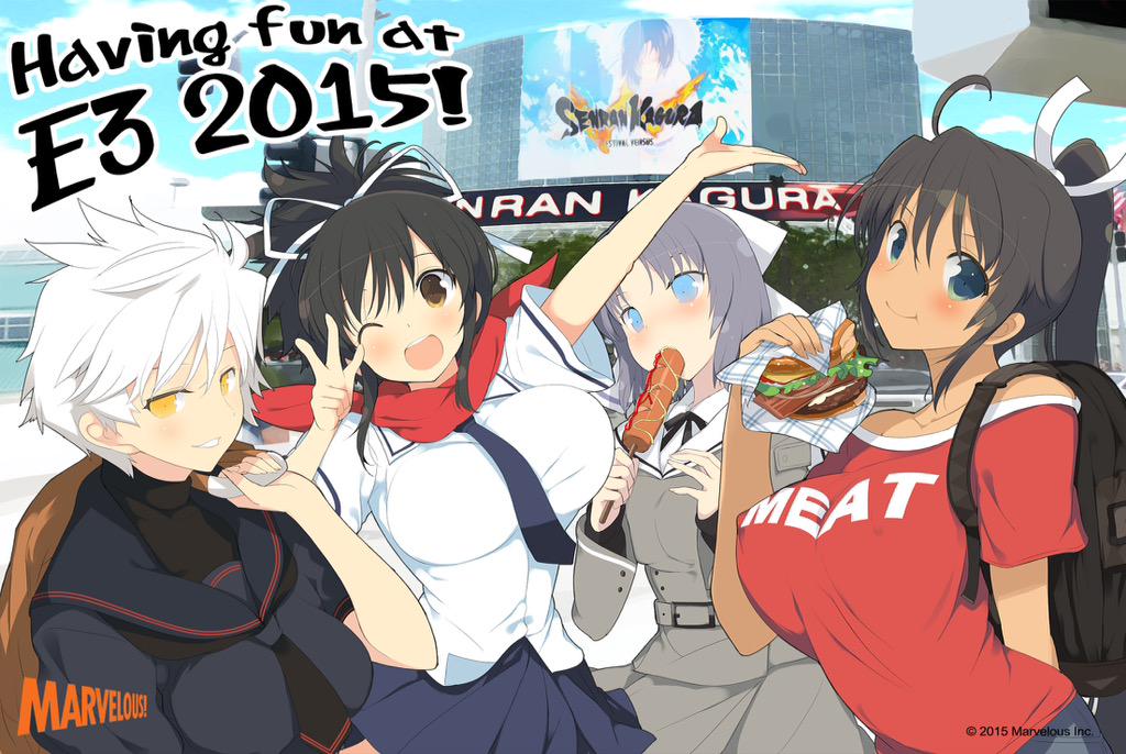 2015, 4girls, asuka_(senran_kagura), bag, black_hair, blue_eyes, blush, bow, breasts, brown_eyes, clouds, company_name, copyright_name, eating, english, food, green_eyes, hair_bow, hair_ribbon, hamburger, homura_(senran_kagura), large_breasts, long_hair, los_angeles, miyabi_(senran_kagura), multiple_girls, necktie, one_eye_closed, open_mouth, parted_lips, ponytail, real_world_location, ribbon, sausage, scarf, school_uniform, senran_kagura, senran_kagura_(series), senran_kagura_shinovi_versus, serafuku, short_hair, sky, smile, t-shirt, tan, watermark, white_hair, yaegashi_nan, yellow_eyes, yumi_(senran_kagura)