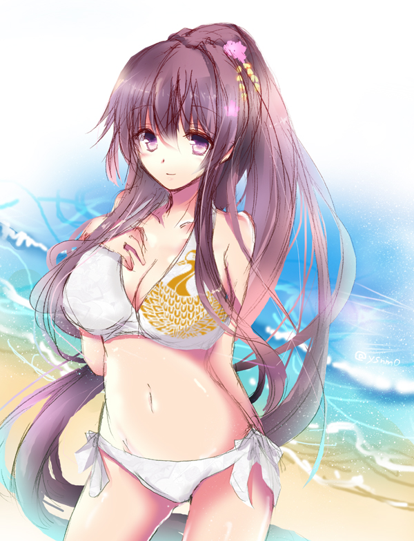 1girl, bikini, brown_hair, houkiri_nemu, kantai_collection, long_hair, ponytail, swimsuit