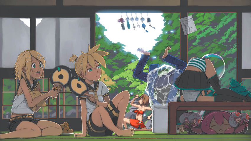 2boys, 4girls, akinbo_(hyouka_fuyou), aqua_hair, barefoot, black_legwear, blonde_hair, blue_eyes