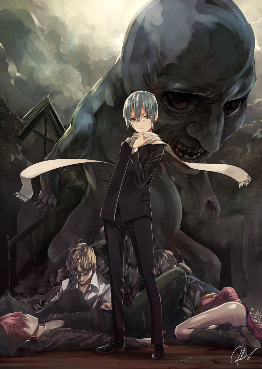 1girl, 3boys, ao_oni, artist_name, bangs, blonde_hair, brown_hair, green_eyes, highres, hiroshi_(ao_oni), lying, mika_(ao_oni), multiple_boys, open_mouth, panties, re_lucy, redhead, scarf, silver_hair, takeshi_(ao_oni), takurou_(ao_oni), the_oni_(ao_oni), underwear, white_panties