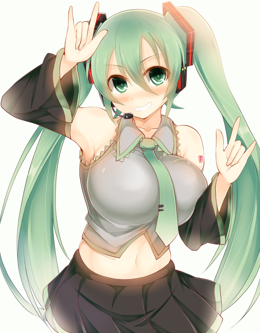 1girl, alternate_breast_size, aqua_hair, bare_shoulders, breasts, detached_sleeves, facominn, grin, hatsune_miku, highres, huge_breasts, looking_at_viewer, simple_background, skin_tight, smile, solo, vocaloid, white_background