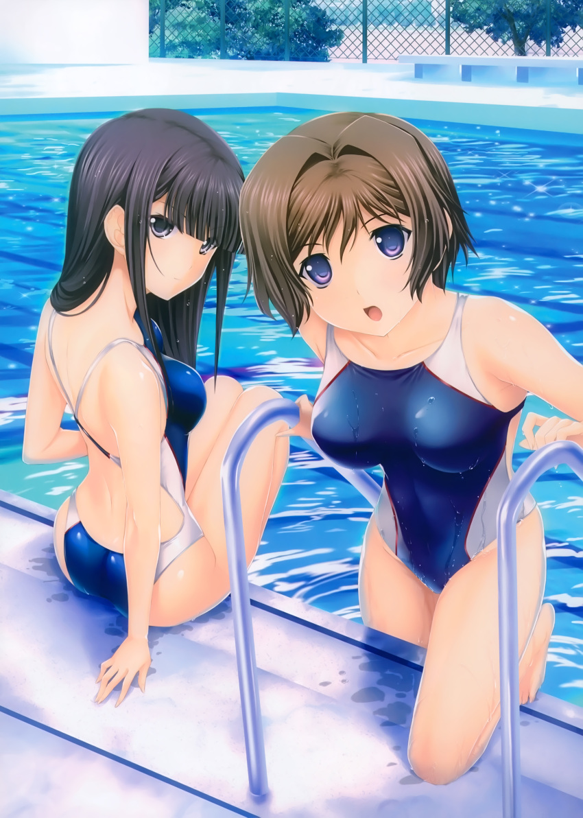 2girls, absurdres, arm_support, bangs, black_eyes, black_hair, blunt_bangs, brown_hair, collarbone, competition_swimsuit, covered_navel, feet_in_water, from_behind, highres, leg_up, long_hair, looking_at_viewer, looking_back, multiple_girls, muvluv, muvluv_alternative, muvluv_total_eclipse, one-piece_swimsuit, open_mouth, outdoors, pool_ladder, poolside, scan, short_hair, soaking_feet, swimsuit, takamura_yui, violet_eyes, water, yamashiro_kazusa, younger