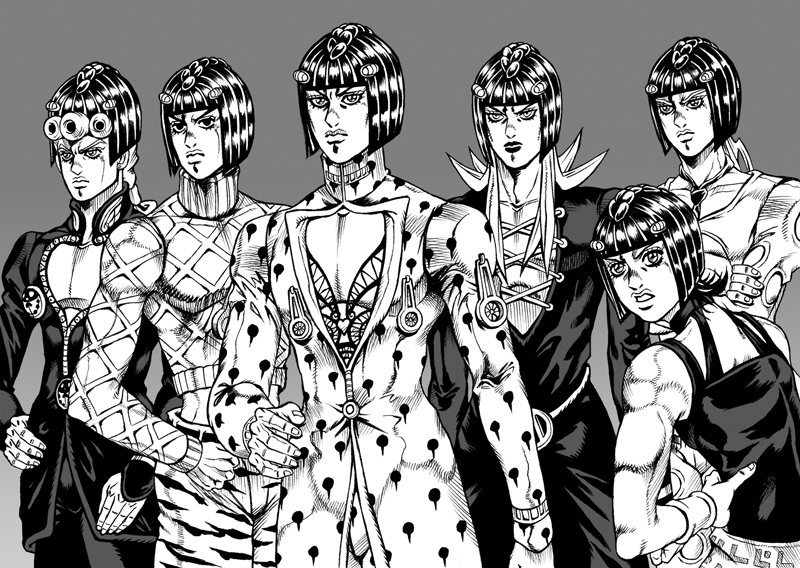 araki_hirohiko_(style), bob_cut, braid, bruno_bucciarati, collective-mind, giorno_giovanna, gradient, gradient_background