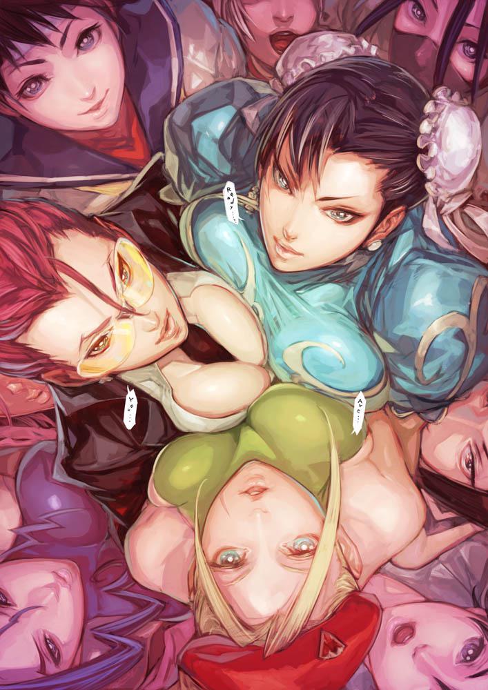 6+girls, ahoge, antenna_hair, beret, between_breasts, black_hair, blue_eyes, breast_press