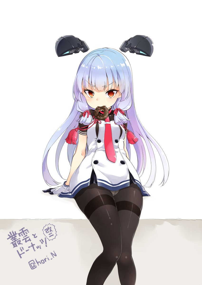 absurdres, bangs, black_legwear, blunt_bangs, bodysuit, donut_in_mouth, doughnut, food