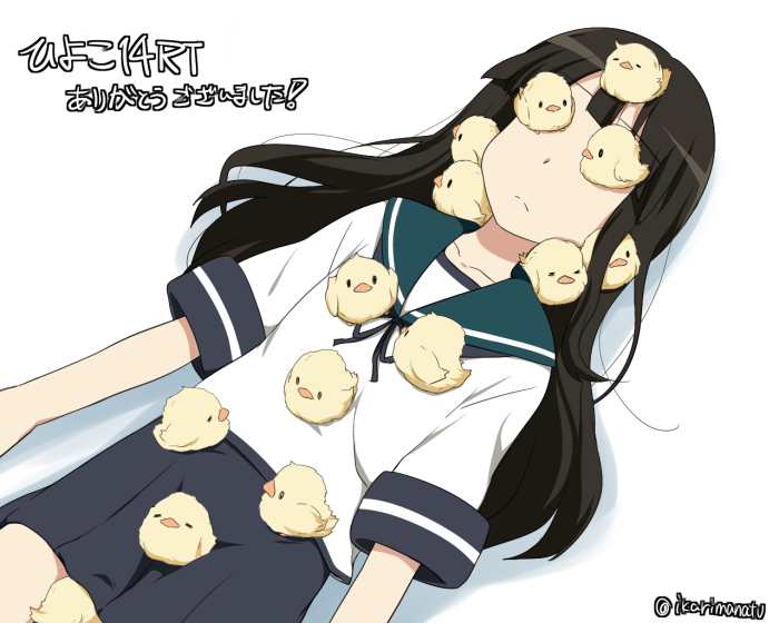 1girl, animal_on_face, bangs, bird, black_hair, blunt_bangs, chick, hatsuyuki_(kantai_collection)