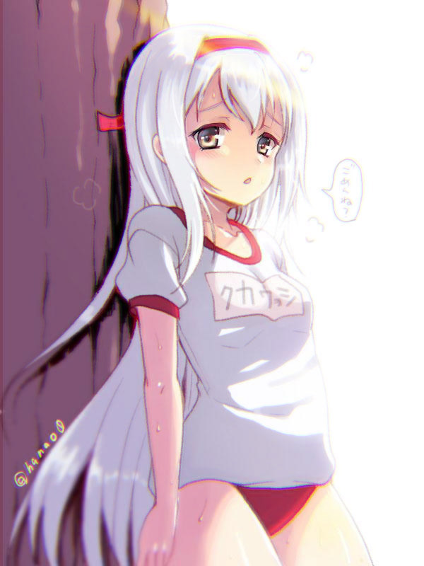 1girl, brown_eyes, buruma, gym_uniform, hanao_(kuma-tan_flash!), headband, kantai_collection, long_hair